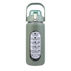 Glass Water Bottle Sports Water Bottle Motivational Water Bottle Water Intake Tracker Bottle with Straw Time Marker Silicone Sleeve Handle for Gym Wor (Color: Green, Capacity: 32OZ)